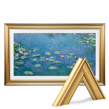 Gold TV Frame Bezel, Customizable Wooden TV Frame Compatible with All TV Brands, Decorative Bezel Frame for The Frame TV, Modern Walnut Finish Television Frame for Living Room Wall Decor